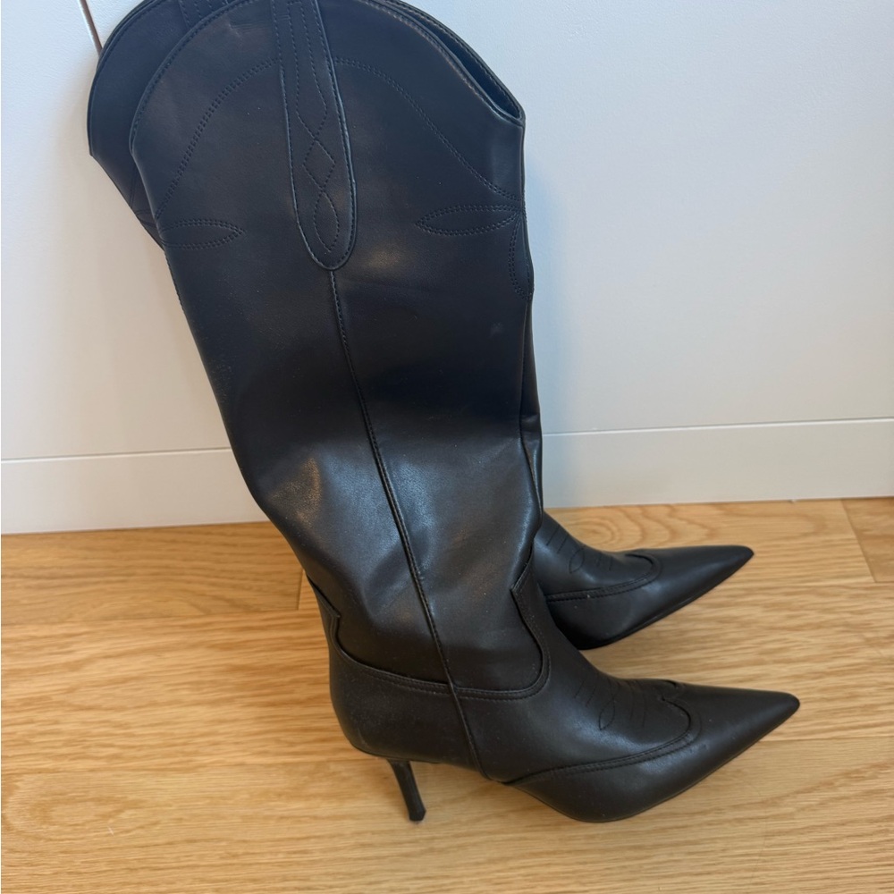 INC International Concepts Black Pointed-Toe Western Stiletto Boots